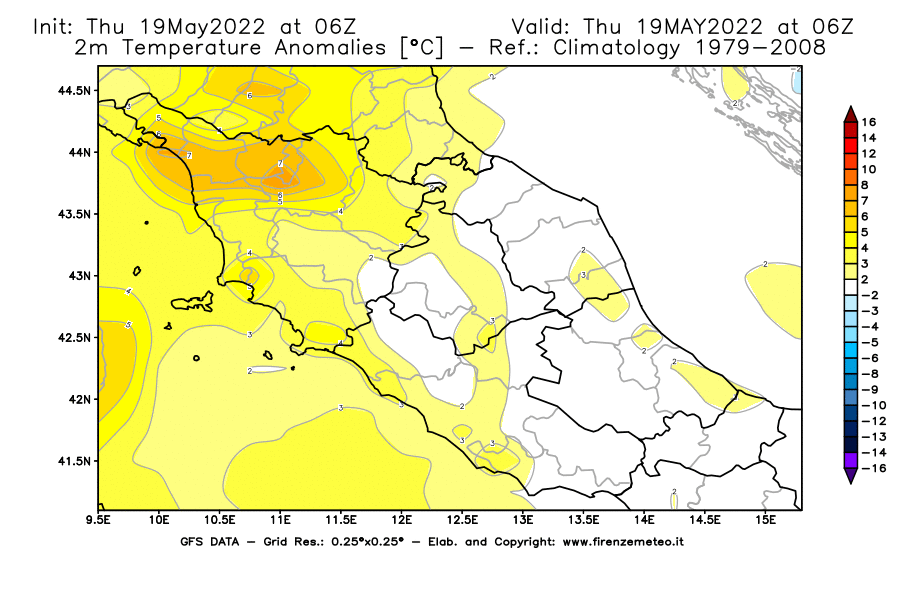 Mappa di analisi GFS - Anomalia Temperatura [°C] a 2 m in Centro-Italia
									del 19/05/2022 06 <!--googleoff: index-->UTC<!--googleon: index-->
