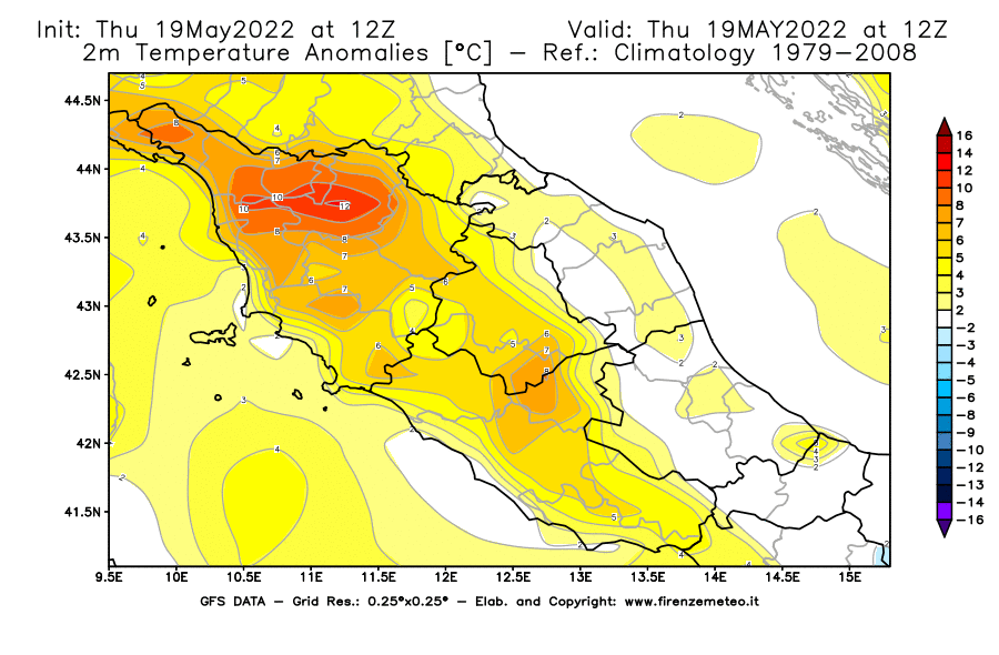 Mappa di analisi GFS - Anomalia Temperatura [°C] a 2 m in Centro-Italia
									del 19/05/2022 12 <!--googleoff: index-->UTC<!--googleon: index-->