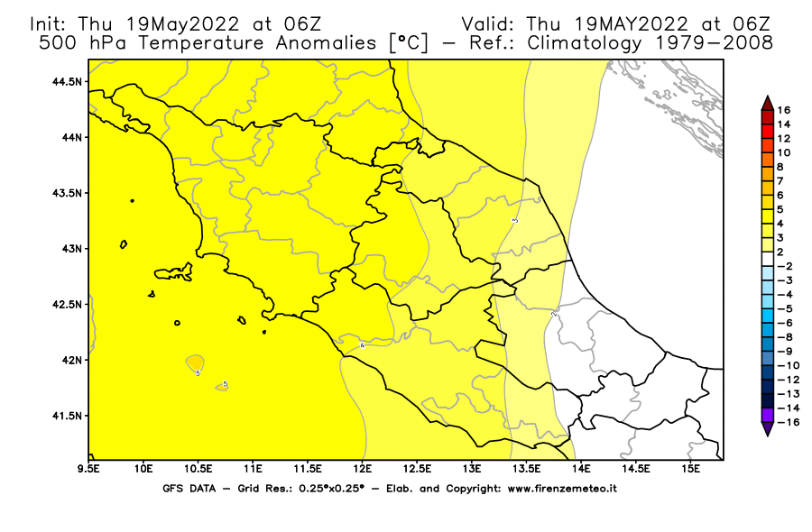 Mappa di analisi GFS - Anomalia Temperatura [°C] a 500 hPa in Centro-Italia
									del 19/05/2022 06 <!--googleoff: index-->UTC<!--googleon: index-->