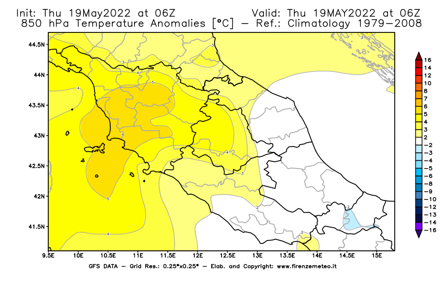 Mappa di analisi GFS - Anomalia Temperatura [°C] a 850 hPa in Centro-Italia
									del 19/05/2022 06 <!--googleoff: index-->UTC<!--googleon: index-->