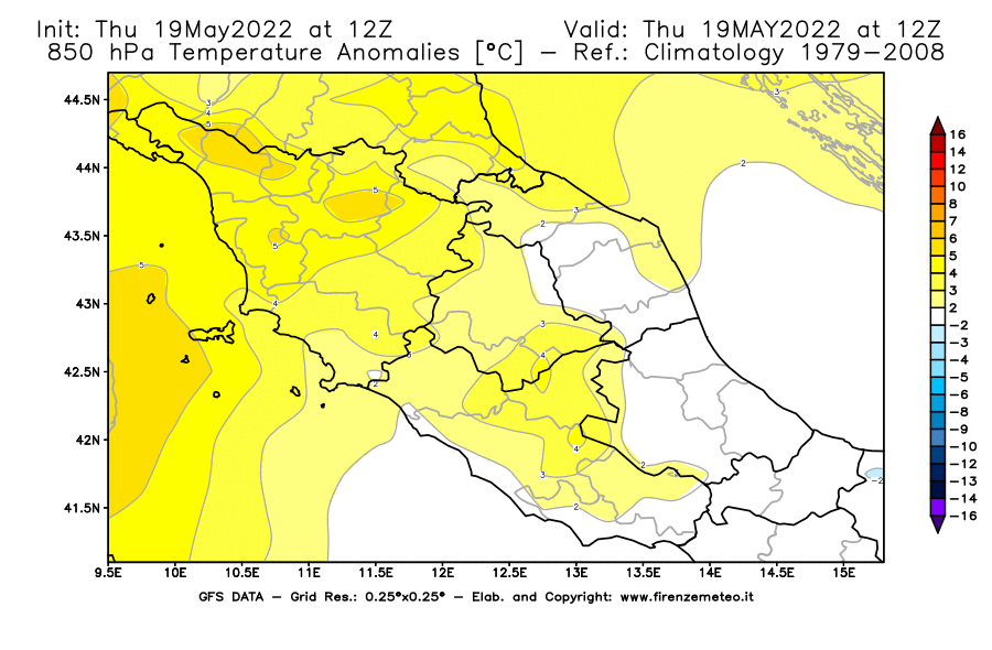 Mappa di analisi GFS - Anomalia Temperatura [°C] a 850 hPa in Centro-Italia
									del 19/05/2022 12 <!--googleoff: index-->UTC<!--googleon: index-->