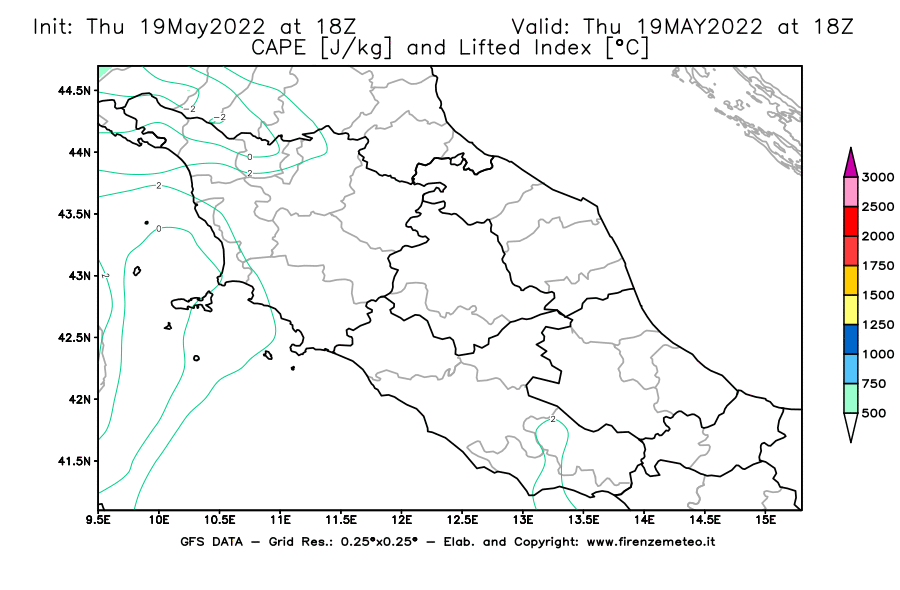 Mappa di analisi GFS - CAPE [J/kg] e Lifted Index [°C] in Centro-Italia
									del 19/05/2022 18 <!--googleoff: index-->UTC<!--googleon: index-->