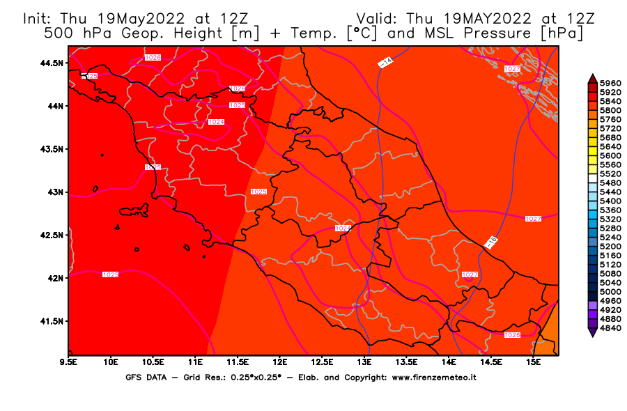 Mappa di analisi GFS - Geopotenziale [m] + Temp. [°C] a 500 hPa + Press. a livello del mare [hPa] in Centro-Italia
									del 19/05/2022 12 <!--googleoff: index-->UTC<!--googleon: index-->