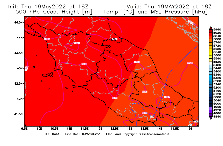 Mappa di analisi GFS - Geopotenziale [m] + Temp. [°C] a 500 hPa + Press. a livello del mare [hPa] in Centro-Italia
									del 19/05/2022 18 <!--googleoff: index-->UTC<!--googleon: index-->