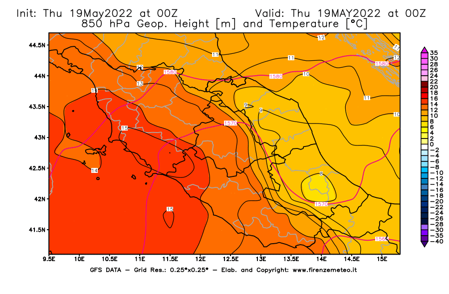 Mappa di analisi GFS - Geopotenziale [m] e Temperatura [°C] a 850 hPa in Centro-Italia
									del 19/05/2022 00 <!--googleoff: index-->UTC<!--googleon: index-->