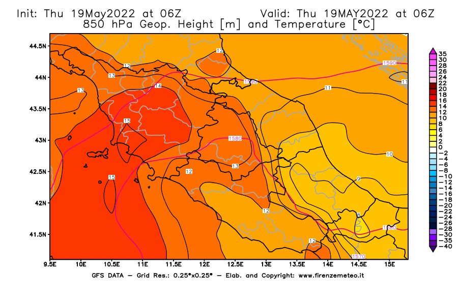 Mappa di analisi GFS - Geopotenziale [m] e Temperatura [°C] a 850 hPa in Centro-Italia
									del 19/05/2022 06 <!--googleoff: index-->UTC<!--googleon: index-->