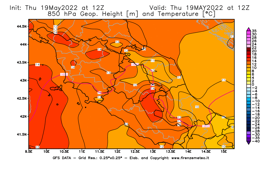 Mappa di analisi GFS - Geopotenziale [m] e Temperatura [°C] a 850 hPa in Centro-Italia
									del 19/05/2022 12 <!--googleoff: index-->UTC<!--googleon: index-->