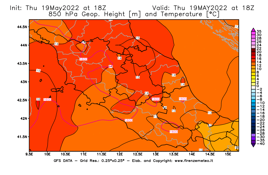 Mappa di analisi GFS - Geopotenziale [m] e Temperatura [°C] a 850 hPa in Centro-Italia
									del 19/05/2022 18 <!--googleoff: index-->UTC<!--googleon: index-->