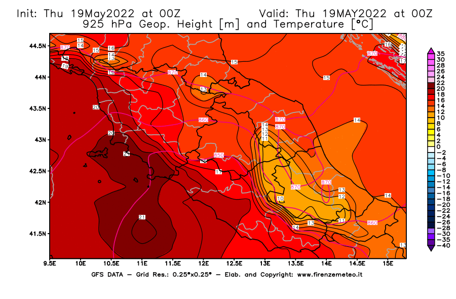 Mappa di analisi GFS - Geopotenziale [m] e Temperatura [°C] a 925 hPa in Centro-Italia
									del 19/05/2022 00 <!--googleoff: index-->UTC<!--googleon: index-->