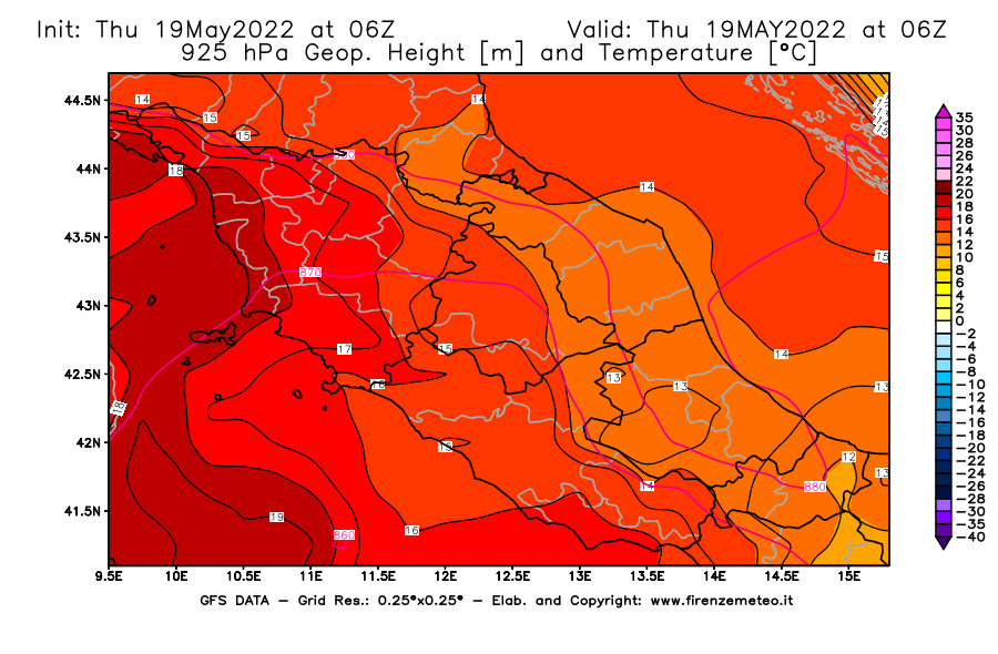Mappa di analisi GFS - Geopotenziale [m] e Temperatura [°C] a 925 hPa in Centro-Italia
									del 19/05/2022 06 <!--googleoff: index-->UTC<!--googleon: index-->