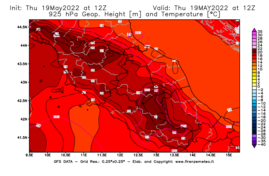 Mappa di analisi GFS - Geopotenziale [m] e Temperatura [°C] a 925 hPa in Centro-Italia
									del 19/05/2022 12 <!--googleoff: index-->UTC<!--googleon: index-->
