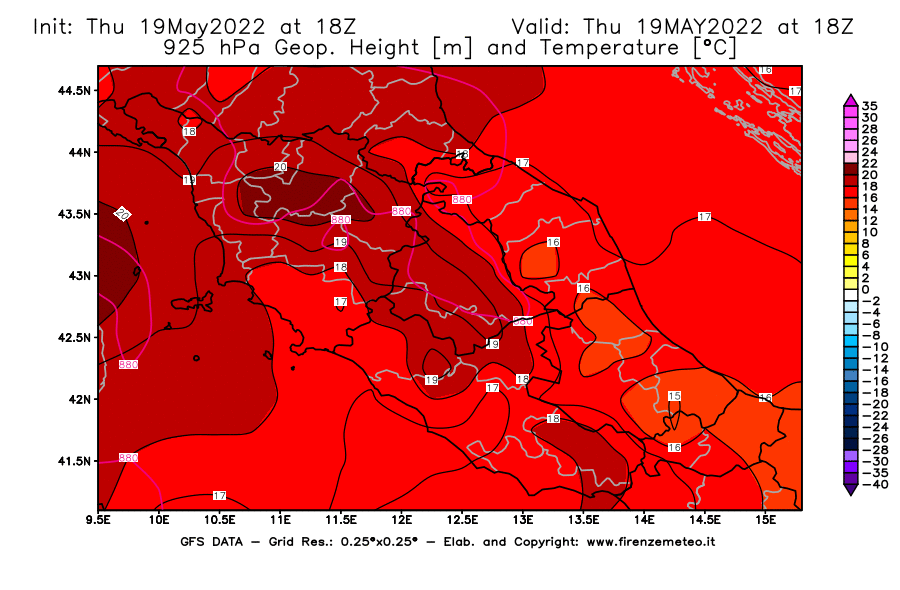 Mappa di analisi GFS - Geopotenziale [m] e Temperatura [°C] a 925 hPa in Centro-Italia
									del 19/05/2022 18 <!--googleoff: index-->UTC<!--googleon: index-->