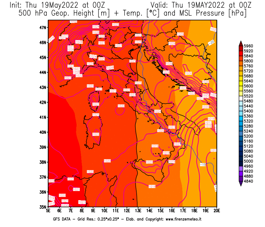 Mappa di analisi GFS - Geopotenziale [m] + Temp. [°C] a 500 hPa + Press. a livello del mare [hPa] in Italia
									del 19/05/2022 00 <!--googleoff: index-->UTC<!--googleon: index-->