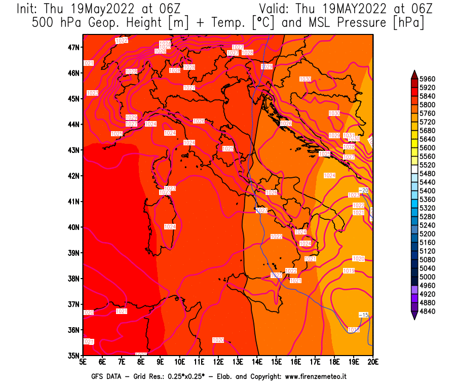 Mappa di analisi GFS - Geopotenziale [m] + Temp. [°C] a 500 hPa + Press. a livello del mare [hPa] in Italia
									del 19/05/2022 06 <!--googleoff: index-->UTC<!--googleon: index-->