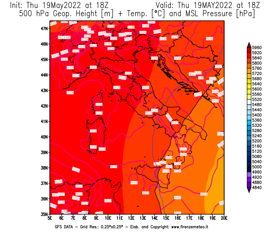 Mappa di analisi GFS - Geopotenziale [m] + Temp. [°C] a 500 hPa + Press. a livello del mare [hPa] in Italia
									del 19/05/2022 18 <!--googleoff: index-->UTC<!--googleon: index-->