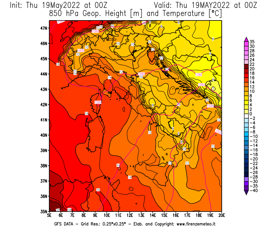 Mappa di analisi GFS - Geopotenziale [m] e Temperatura [°C] a 850 hPa in Italia
									del 19/05/2022 00 <!--googleoff: index-->UTC<!--googleon: index-->
