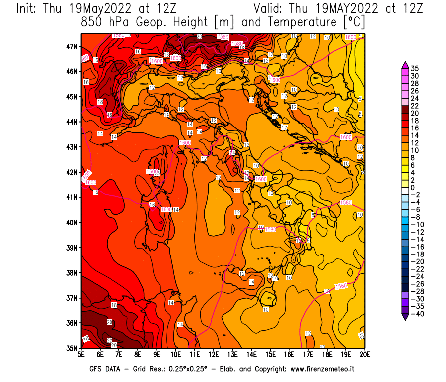 Mappa di analisi GFS - Geopotenziale [m] e Temperatura [°C] a 850 hPa in Italia
									del 19/05/2022 12 <!--googleoff: index-->UTC<!--googleon: index-->