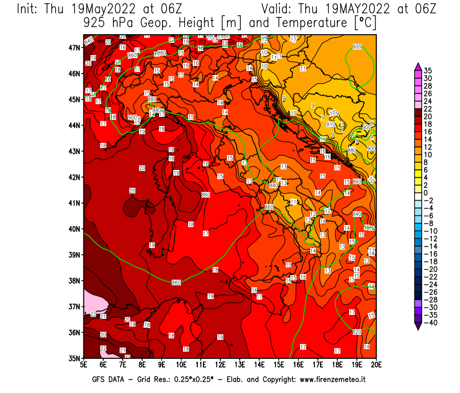 Mappa di analisi GFS - Geopotenziale [m] e Temperatura [°C] a 925 hPa in Italia
									del 19/05/2022 06 <!--googleoff: index-->UTC<!--googleon: index-->
