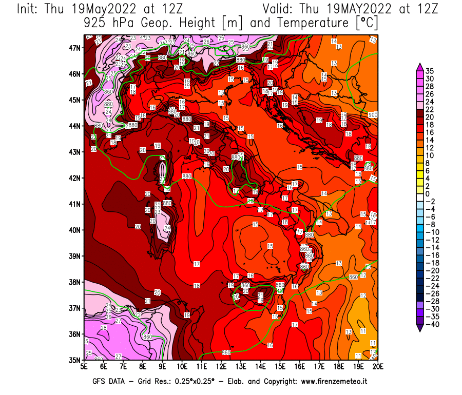 Mappa di analisi GFS - Geopotenziale [m] e Temperatura [°C] a 925 hPa in Italia
									del 19/05/2022 12 <!--googleoff: index-->UTC<!--googleon: index-->
