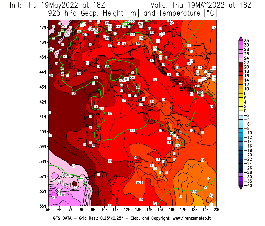 Mappa di analisi GFS - Geopotenziale [m] e Temperatura [°C] a 925 hPa in Italia
									del 19/05/2022 18 <!--googleoff: index-->UTC<!--googleon: index-->