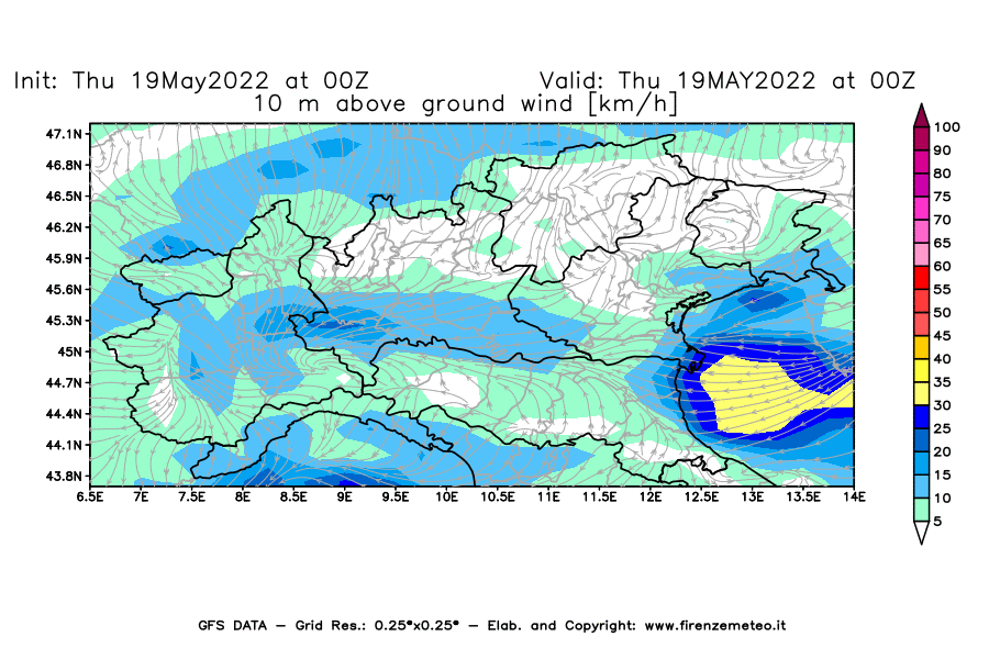 Mappa di analisi GFS - Velocità del vento a 10 metri dal suolo [km/h] in Nord-Italia
									del 19/05/2022 00 <!--googleoff: index-->UTC<!--googleon: index-->