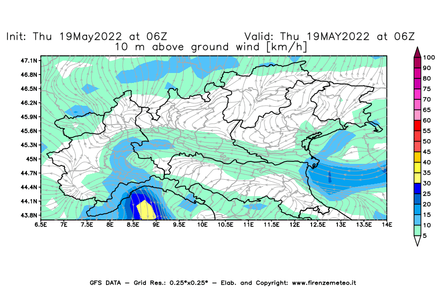 Mappa di analisi GFS - Velocità del vento a 10 metri dal suolo [km/h] in Nord-Italia
									del 19/05/2022 06 <!--googleoff: index-->UTC<!--googleon: index-->
