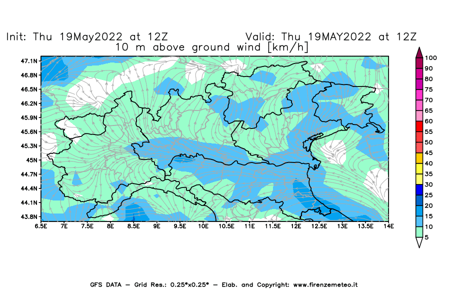 Mappa di analisi GFS - Velocità del vento a 10 metri dal suolo [km/h] in Nord-Italia
									del 19/05/2022 12 <!--googleoff: index-->UTC<!--googleon: index-->