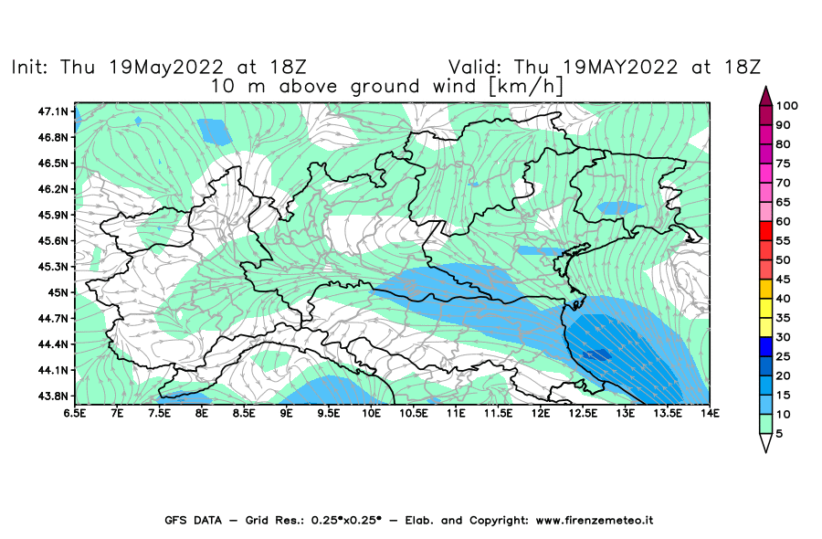 Mappa di analisi GFS - Velocità del vento a 10 metri dal suolo [km/h] in Nord-Italia
									del 19/05/2022 18 <!--googleoff: index-->UTC<!--googleon: index-->