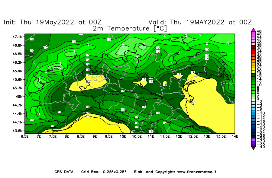 Mappa di analisi GFS - Temperatura a 2 metri dal suolo [°C] in Nord-Italia
									del 19/05/2022 00 <!--googleoff: index-->UTC<!--googleon: index-->