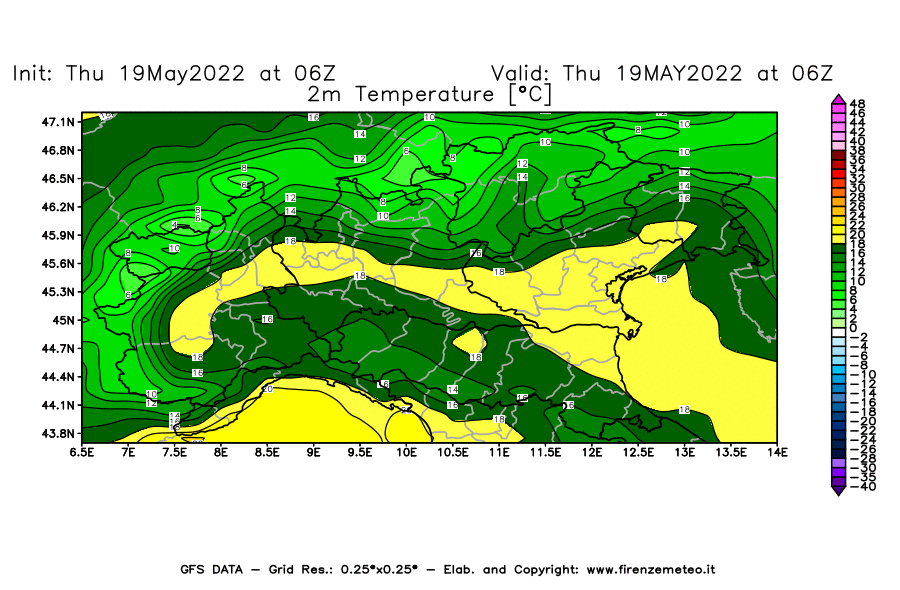 Mappa di analisi GFS - Temperatura a 2 metri dal suolo [°C] in Nord-Italia
									del 19/05/2022 06 <!--googleoff: index-->UTC<!--googleon: index-->