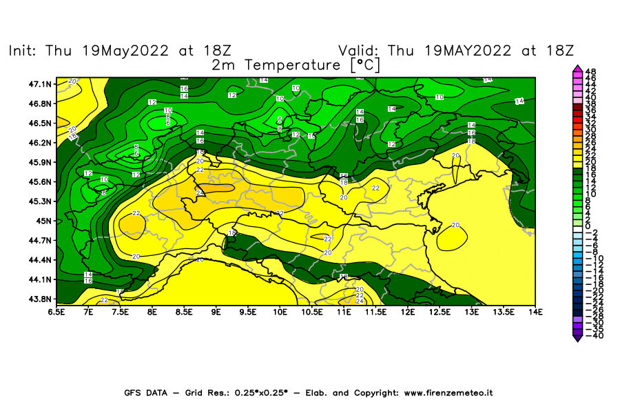 Mappa di analisi GFS - Temperatura a 2 metri dal suolo [°C] in Nord-Italia
									del 19/05/2022 18 <!--googleoff: index-->UTC<!--googleon: index-->