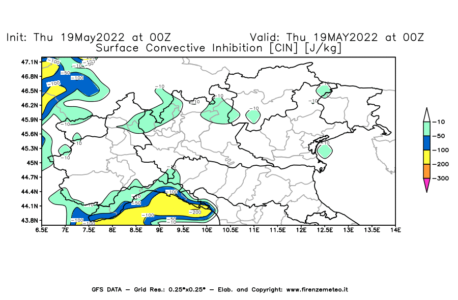 Mappa di analisi GFS - CIN [J/kg] in Nord-Italia
									del 19/05/2022 00 <!--googleoff: index-->UTC<!--googleon: index-->