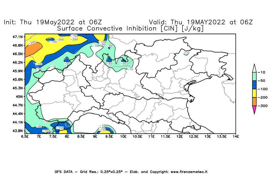 Mappa di analisi GFS - CIN [J/kg] in Nord-Italia
									del 19/05/2022 06 <!--googleoff: index-->UTC<!--googleon: index-->