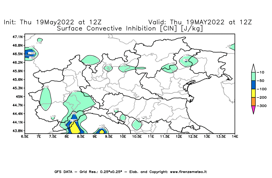 Mappa di analisi GFS - CIN [J/kg] in Nord-Italia
									del 19/05/2022 12 <!--googleoff: index-->UTC<!--googleon: index-->