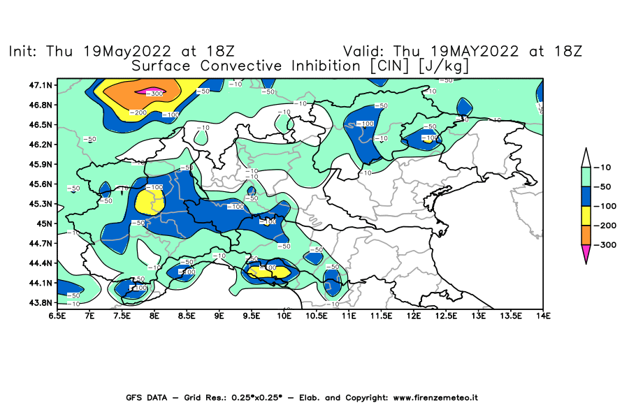 Mappa di analisi GFS - CIN [J/kg] in Nord-Italia
									del 19/05/2022 18 <!--googleoff: index-->UTC<!--googleon: index-->