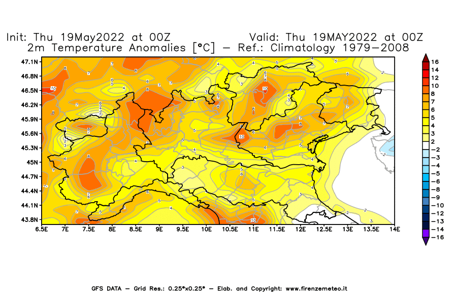 Mappa di analisi GFS - Anomalia Temperatura [°C] a 2 m in Nord-Italia
									del 19/05/2022 00 <!--googleoff: index-->UTC<!--googleon: index-->