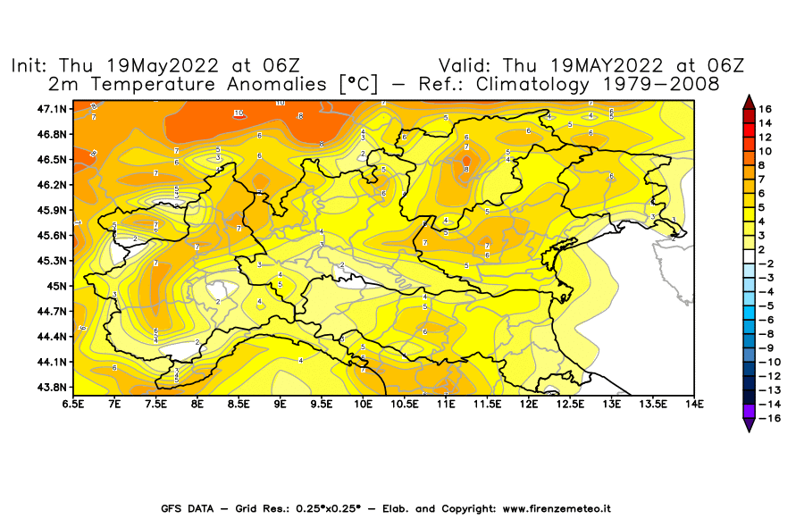 Mappa di analisi GFS - Anomalia Temperatura [°C] a 2 m in Nord-Italia
									del 19/05/2022 06 <!--googleoff: index-->UTC<!--googleon: index-->