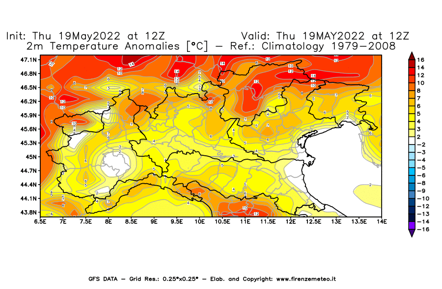 Mappa di analisi GFS - Anomalia Temperatura [°C] a 2 m in Nord-Italia
									del 19/05/2022 12 <!--googleoff: index-->UTC<!--googleon: index-->