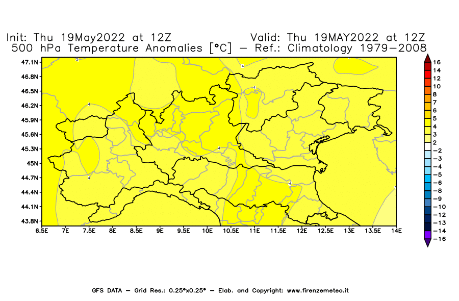 Mappa di analisi GFS - Anomalia Temperatura [°C] a 500 hPa in Nord-Italia
									del 19/05/2022 12 <!--googleoff: index-->UTC<!--googleon: index-->
