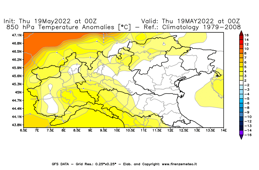 Mappa di analisi GFS - Anomalia Temperatura [°C] a 850 hPa in Nord-Italia
									del 19/05/2022 00 <!--googleoff: index-->UTC<!--googleon: index-->