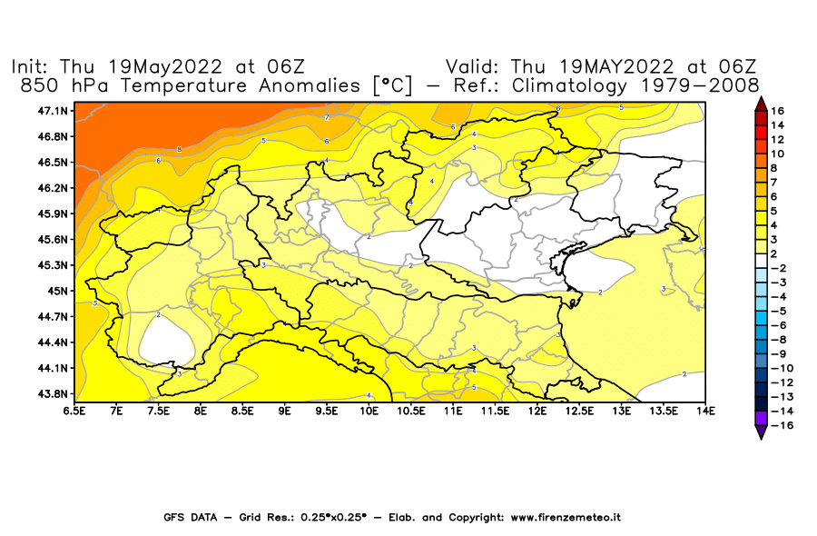 Mappa di analisi GFS - Anomalia Temperatura [°C] a 850 hPa in Nord-Italia
									del 19/05/2022 06 <!--googleoff: index-->UTC<!--googleon: index-->