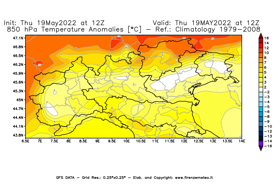 Mappa di analisi GFS - Anomalia Temperatura [°C] a 850 hPa in Nord-Italia
									del 19/05/2022 12 <!--googleoff: index-->UTC<!--googleon: index-->