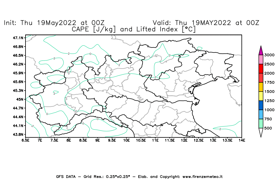 Mappa di analisi GFS - CAPE [J/kg] e Lifted Index [°C] in Nord-Italia
									del 19/05/2022 00 <!--googleoff: index-->UTC<!--googleon: index-->