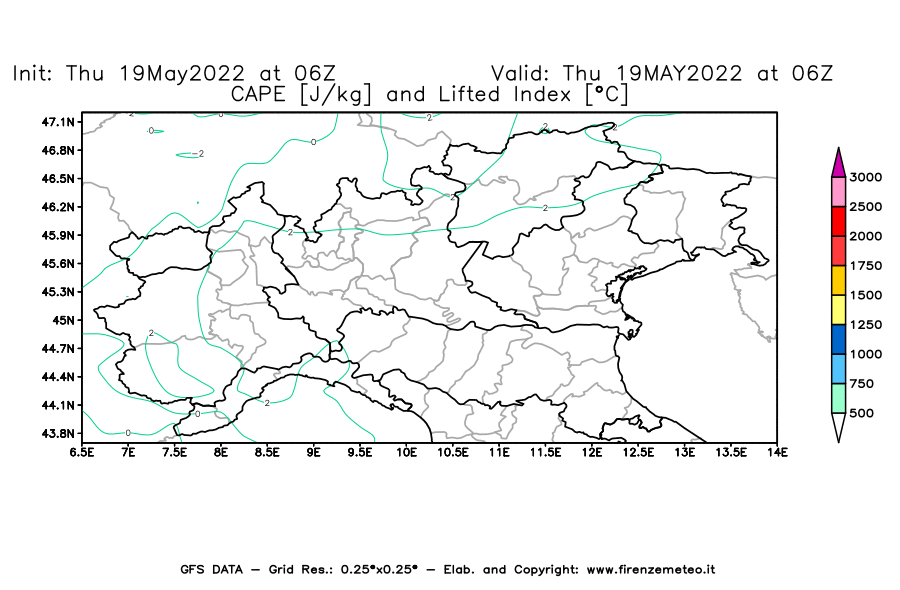 Mappa di analisi GFS - CAPE [J/kg] e Lifted Index [°C] in Nord-Italia
									del 19/05/2022 06 <!--googleoff: index-->UTC<!--googleon: index-->