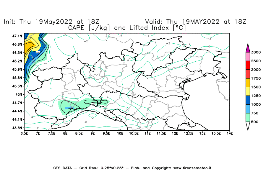 Mappa di analisi GFS - CAPE [J/kg] e Lifted Index [°C] in Nord-Italia
									del 19/05/2022 18 <!--googleoff: index-->UTC<!--googleon: index-->
