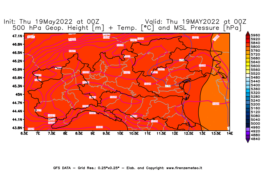 Mappa di analisi GFS - Geopotenziale [m] + Temp. [°C] a 500 hPa + Press. a livello del mare [hPa] in Nord-Italia
									del 19/05/2022 00 <!--googleoff: index-->UTC<!--googleon: index-->
