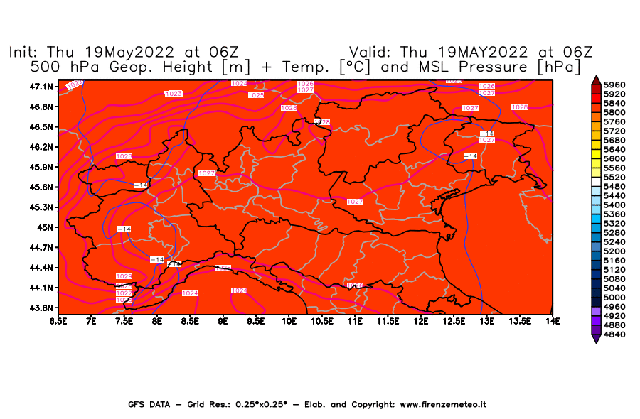 Mappa di analisi GFS - Geopotenziale [m] + Temp. [°C] a 500 hPa + Press. a livello del mare [hPa] in Nord-Italia
									del 19/05/2022 06 <!--googleoff: index-->UTC<!--googleon: index-->