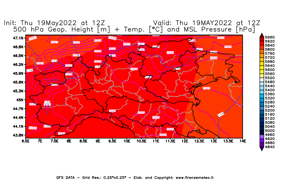 Mappa di analisi GFS - Geopotenziale [m] + Temp. [°C] a 500 hPa + Press. a livello del mare [hPa] in Nord-Italia
									del 19/05/2022 12 <!--googleoff: index-->UTC<!--googleon: index-->