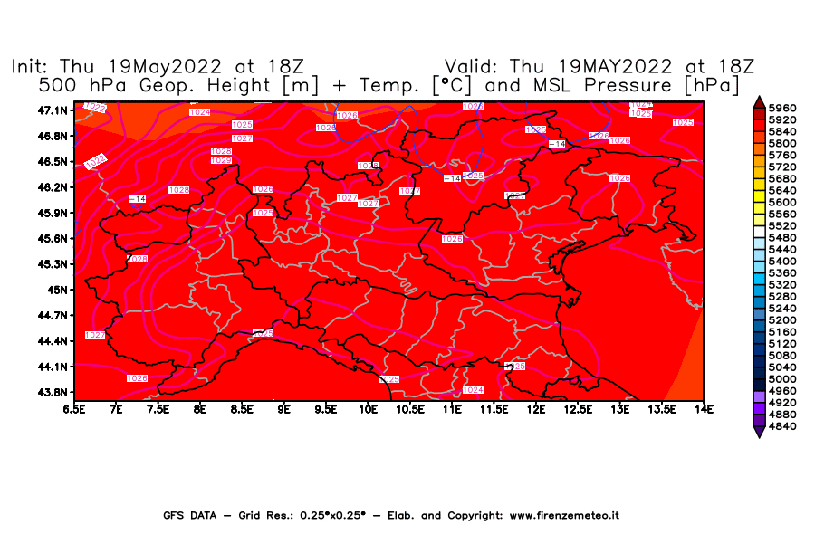 Mappa di analisi GFS - Geopotenziale [m] + Temp. [°C] a 500 hPa + Press. a livello del mare [hPa] in Nord-Italia
									del 19/05/2022 18 <!--googleoff: index-->UTC<!--googleon: index-->