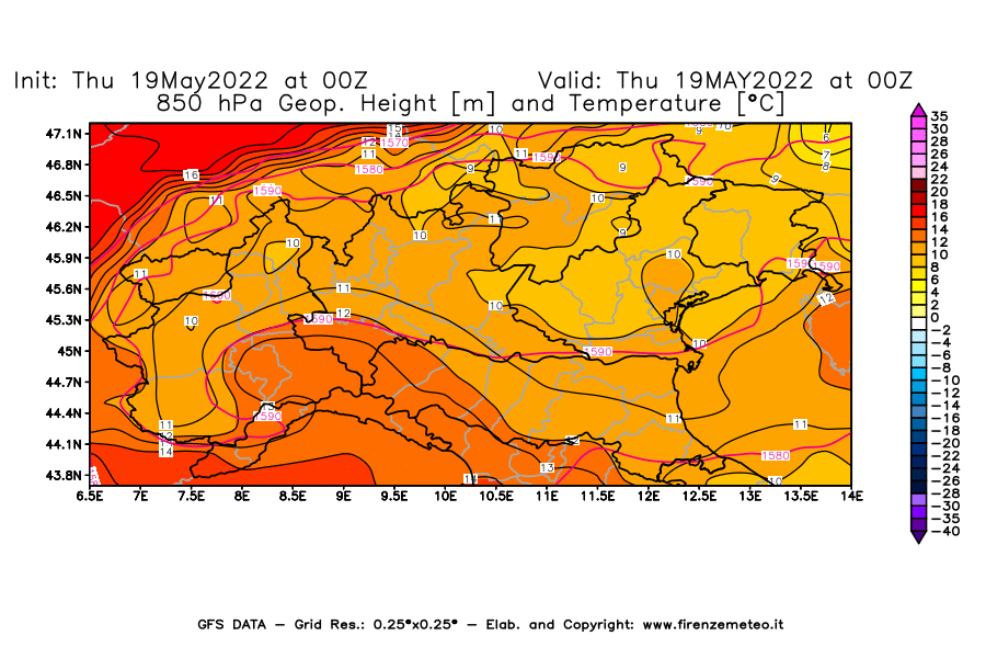 Mappa di analisi GFS - Geopotenziale [m] e Temperatura [°C] a 850 hPa in Nord-Italia
									del 19/05/2022 00 <!--googleoff: index-->UTC<!--googleon: index-->
